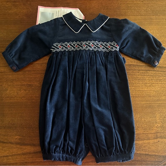 NWT Sophie Dress Navy Blue Corduroy Smocked Romper Longall Sz 3M - Picture 1 of 1